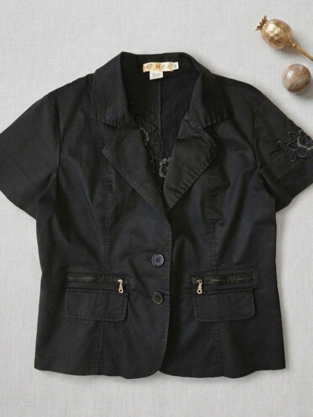 MOA USA VTG 90's Y2K Black Short Sleeve Blazer Jacket Floral Embroidery XL